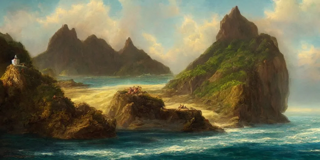 Prompt: fantasy painting of islands and cliffs overseeing a vast ocean