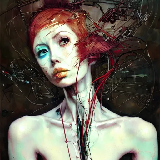 Image similar to karen gillan cyberpunk dreaming, wires cybernetic implants, in the style of adrian ghenie, esao andrews, jenny saville,, surrealism, dark art by james jean, takato yamamoto