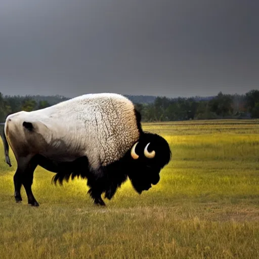 Image similar to buffalo flying with white angelic wings on its back, photograph, beautiful lightning, 4 k