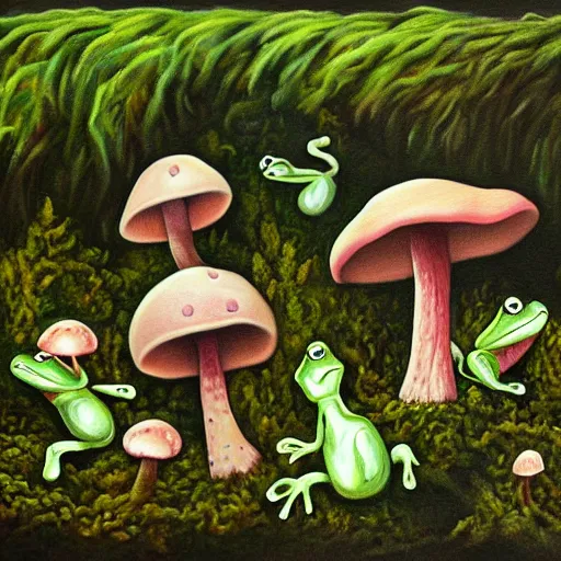 Prompt: dancing frogs at night amidst mushrooms and moss. Painting by Margot Datz