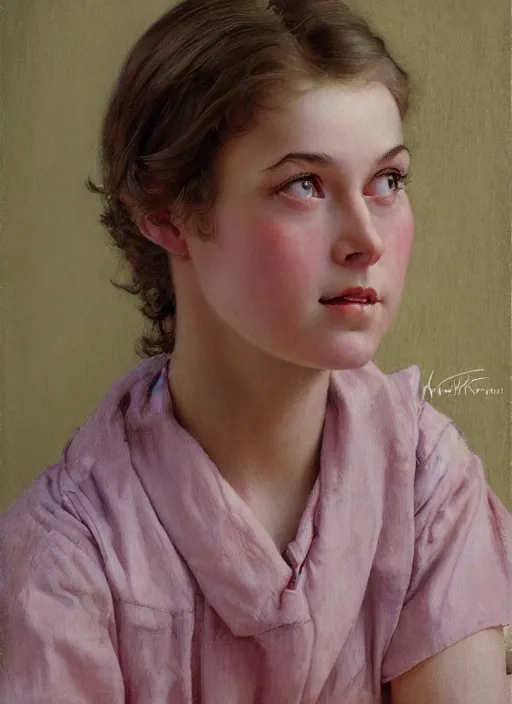 Prompt: high quality high detail painting by norman rockwell, hd, close up portrait, pretty young woman, muted pastel colors, photorealistic lighting