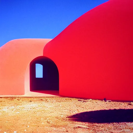 Image similar to a man in neon colored clothing standing outside a Non-Euclidean orb-like clay house sitting in the desert, vintage photo, beautiful cinematography, blue sky, film grain, James Turrell