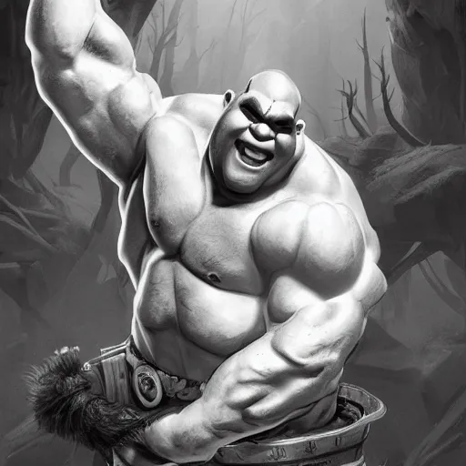 Prompt: black and white muscular shrek has beard, highly detailed, digital painting, artstation, concept art, smooth, sharp focus, illustration, art by artgerm and greg rutkowski and alphonse mucha