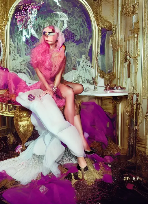 Image similar to lady gaga styled by david lachapelle posing in an expensive mansion setting , vogue magazine, Highly realistic. High resolution. Highly detailed. Dramatic. 8k.4k.