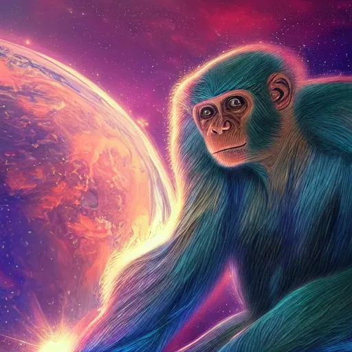 Image similar to giant energy monkey in space, digital, artstation, detailed intricate ink illustration, heavenly atmosphere, digital art, overdetailed art, concept art, complementing colors, trending on artstation, cgstudio, the most beautiful image ever created, dramatic, subtle, details, award winning artwork, beautiful scenery