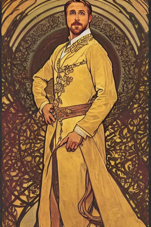 Prompt: Full-body portrait of Ryan Gosling as a king in golden armor in the style of alphonse mucha, front view, baroque