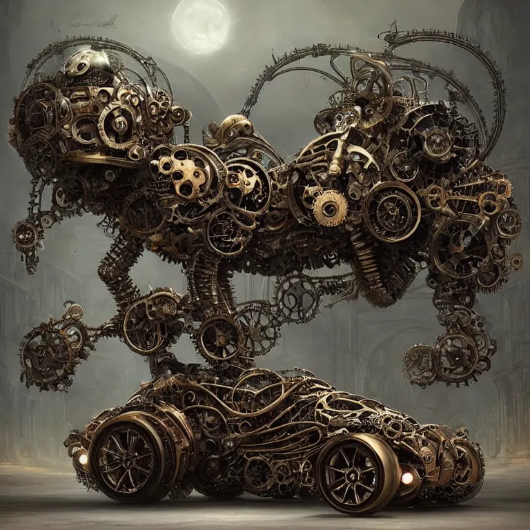 Image similar to biomechanical steampunk vehicle reminiscent of fast sportscar with robotic parts and (glowing) lights parked in ancient lush palace, gothic and baroque, brutalist architecture, ultradetailed, creepy ambiance, fog, artgerm, giger, Intricate by Ellen Jewett and Josan Gonzalez and Giuseppe Arcimboldo