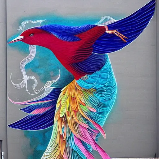 Image similar to A beautiful street art of a large, colorful bird with a long, sweeping tail. The bird is surrounded by swirling lines and geometric shapes in a variety of colors axonometric by Miho Hirano opulent, mournful