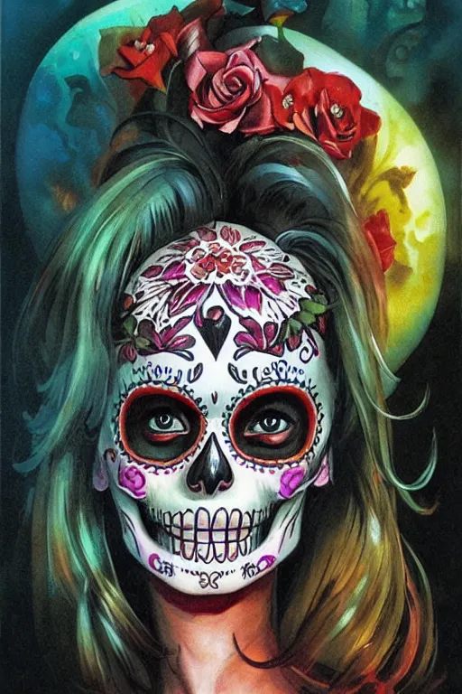 Image similar to Illustration of a sugar skull day of the dead girl, art by peter andrew jones