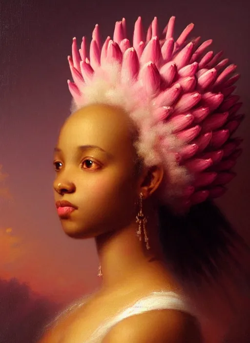 Image similar to stunning african princess, detailed pink and white protea head peace against a black backdrop by ivan aivazovsky, wlop, oil painting, beautiful soft lighting, muted colours, artstation