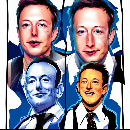 Image similar to portrait of elon musk, mark zuckerberg, jeff bezos, in meeting together, very detailed, art contest winner on behance, trendy on deviant art, by by artgem