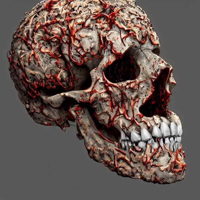 Image similar to portrait of a melting human skull. intricate abstract. sharp teeth. delicate artwork. infected by zombie fungus. by Tooth Wu, wlop, beeple, dan mumford. octane render, trending on artstation, greg rutkowski very coherent symmetrical artwork. cinematic, hyper realism, high detail, octane render, 8k, depth of field, bokeh. chrome accents.