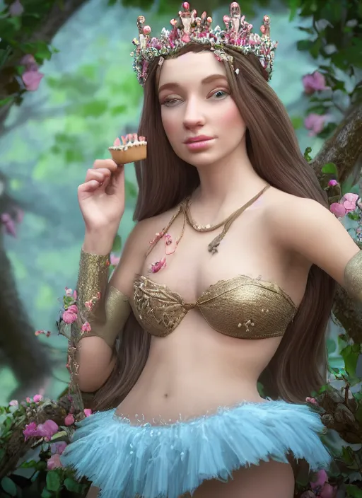 Image similar to closeup face profile portrait of a fairytale princess wearing a crown eating cakes, bikini, depth of field, zeiss lens, fashion photoshoot, by dan decarlo, breathtaking, 8 k resolution, extremely detailed, beautiful, establishing shot, artistic, hyperrealistic, octane render