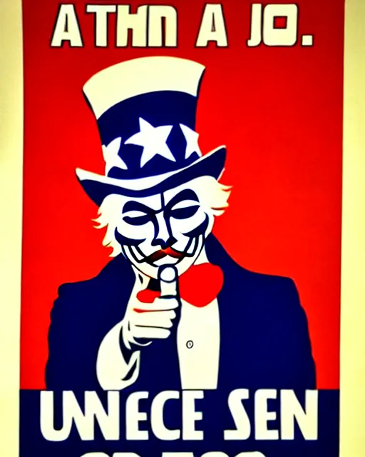 Image similar to anonymous as uncle sam propaganda poster in the year 1 9 8 7, ultra realistic concept art intricate detail