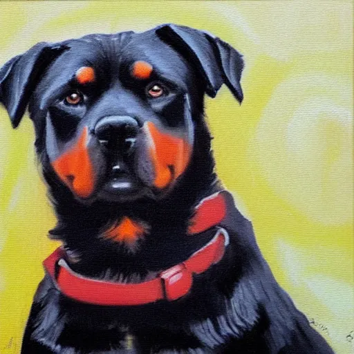 Image similar to sad sitting Rottweiler arms crossed pose, oil painting