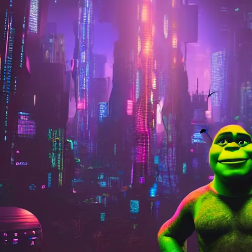 Image similar to Shrek, Cyberpunk, Neon lights, City background, Ultradetailed, Cyborg, Futuristic, Far Future, Sci-fi, 4k