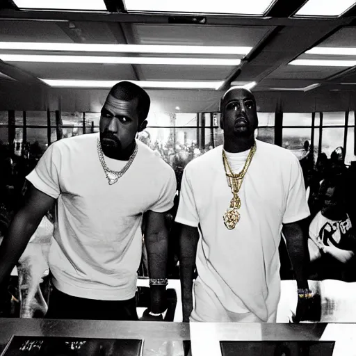 Prompt: kanye west & jay z performing the watch the throne tour inside of a mcdonalds, 2 0 1 1