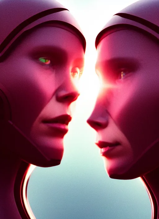 Image similar to cinestill 5 0 d photographic portrait of two loving female androids wearing rugged black techwear on a desolate plain with a red topographic holographic sky, extreme closeup, cyberpunk style, dust storm, 8 k, hd, high resolution, 3 5 mm, f / 3 2, ultra realistic faces, ex machina