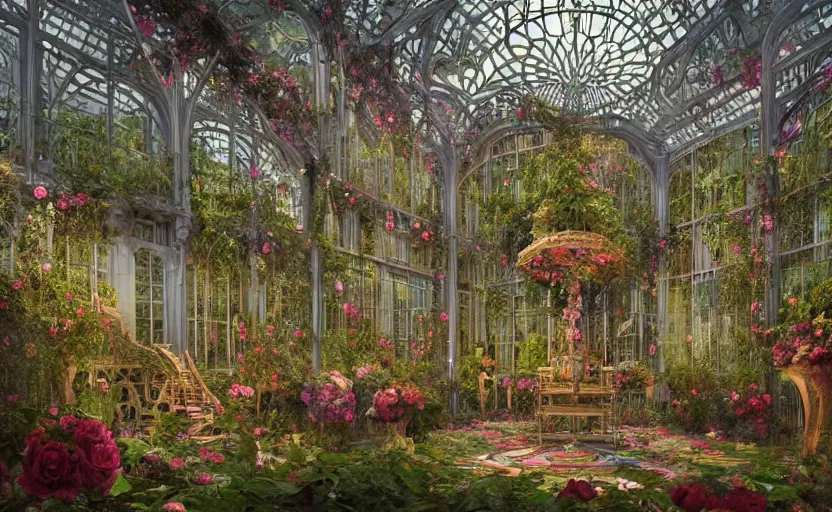 Prompt: a stunning interpretation of large music instrument themed bedroom made of oak trees, with beautiful rose vines inside a massive Victorian glass greenhouse, highly detailed and intricate, golden ratio, very colorful, hypermaximalist, ornate, luxury, elite, horror, creepy, ominous, haunting, matte painting, cinematic, cgsociety, James jean, Brian froud, ross tran