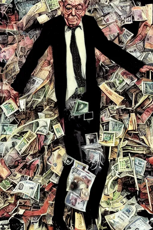 Image similar to George Soros full body shot, dollar bills Body horror, biopunk, by Ralph Steadman, Francis Bacon, Hunter S Thompson