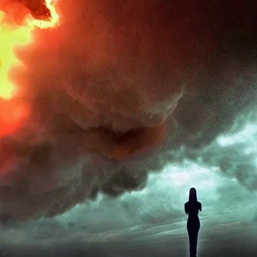 Prompt: a woman up there, sci - fi, town down there, on fire, giant, photoshop, creative and cool, photo manipulation, low angle