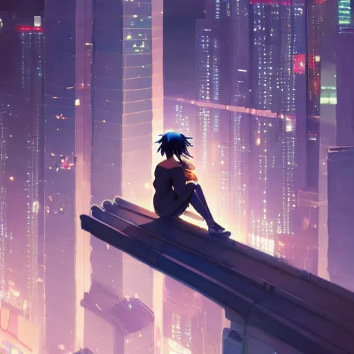 Image similar to beautiful anime painting of a woman with dark - blue hair sitting on a rooftop in a cyberpunk city, nighttime, by makoto shinkai, kimi no na wa, artstation, atmospheric, high detail