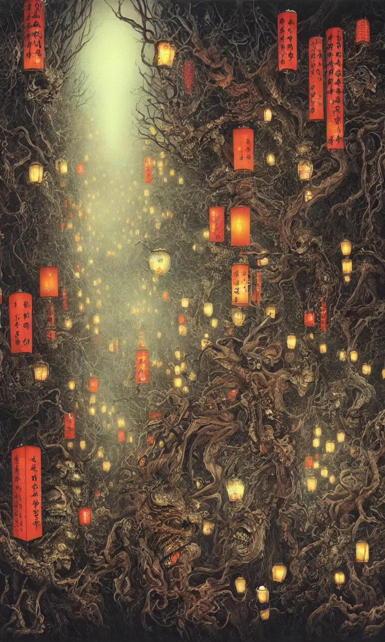 Prompt: 中 国 鬼 节, in the ghost city, evil spirits roam with lanterns, psychedelic lights and fog, zdzislaw, ayami kojima, yamamoto, barclay shaw, karol bak