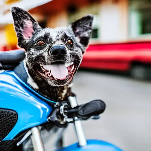 Image similar to blue heeler dog on a motorcycle, 8 k photography, blurred background of a wafflehouse