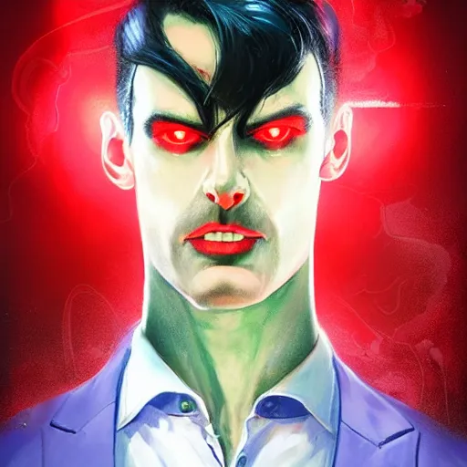 Prompt: portrait of a confident skinny dark haired man with a scar on his face wearing a red suit as an evil crime boss, high detail, concept art, neon color, vivid color, floating particles, glowing green eyes, background by john harris + roger dean, artwork by charlie bowater + artgerm