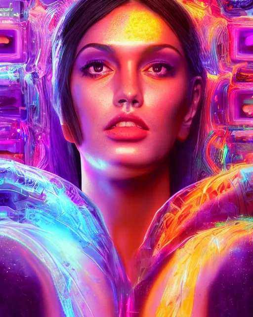 Image similar to a powerful energy psychedelic matrix latin woman, by alexander fedosav, hyper detailed digital matte painting, concept art, hyperrealism, 1 6 k resolution, cinema 4 d, 8 k resolution, trending on artstation, behance hd, a masterpiece, by stephan martiniere, particles, cel - shaded, power bright neon energy, by david a. hardy