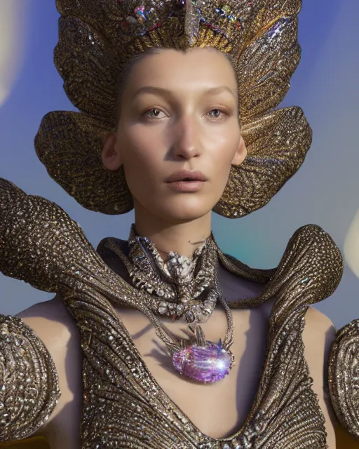 Prompt: a highly detailed metahuman 4 k close up render of an alien goddess bella hadid monument bird in iris van herpen dress schiaparelli in diamonds crystals swarovski and jewelry iridescent in style of alphonse mucha gustav klimt trending on artstation made in unreal engine 4