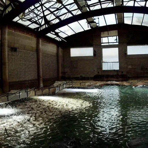 Image similar to an indoors waterpark. creepy, flooded, empty, dark abandoned.