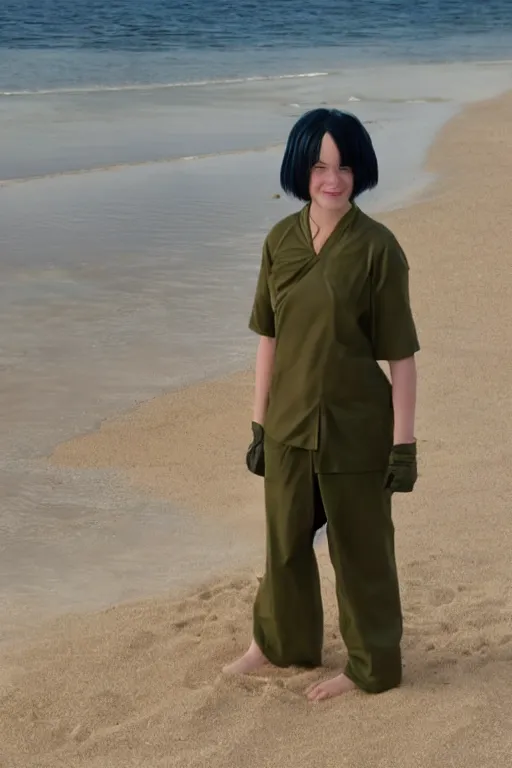 Prompt: a full - length photo of real life toph from avatar sitting on a beach