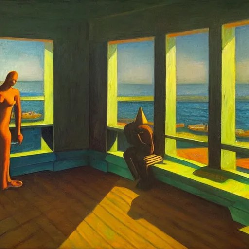 Image similar to twenty thousand leagues under the sea, grant wood, pj crook, edward hopper, oil on canvas