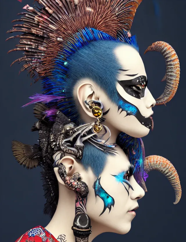 Image similar to 3 d goddess close - up profile portrait punk with mohawk with ram skull. beautiful intricately detailed japanese crow kitsune mask and clasical japanese kimono. betta fish, jellyfish phoenix, bio luminescent, plasma, ice, water, wind, creature, artwork by tooth wu and wlop and beeple and greg rutkowski