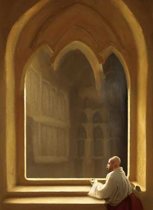 Image similar to oil painting of a medieval dominican monk in robes, looking out of a monastery window contemplatively, digital art, artstation, cinematic, golden hour, digital art painting by greg rutkowski