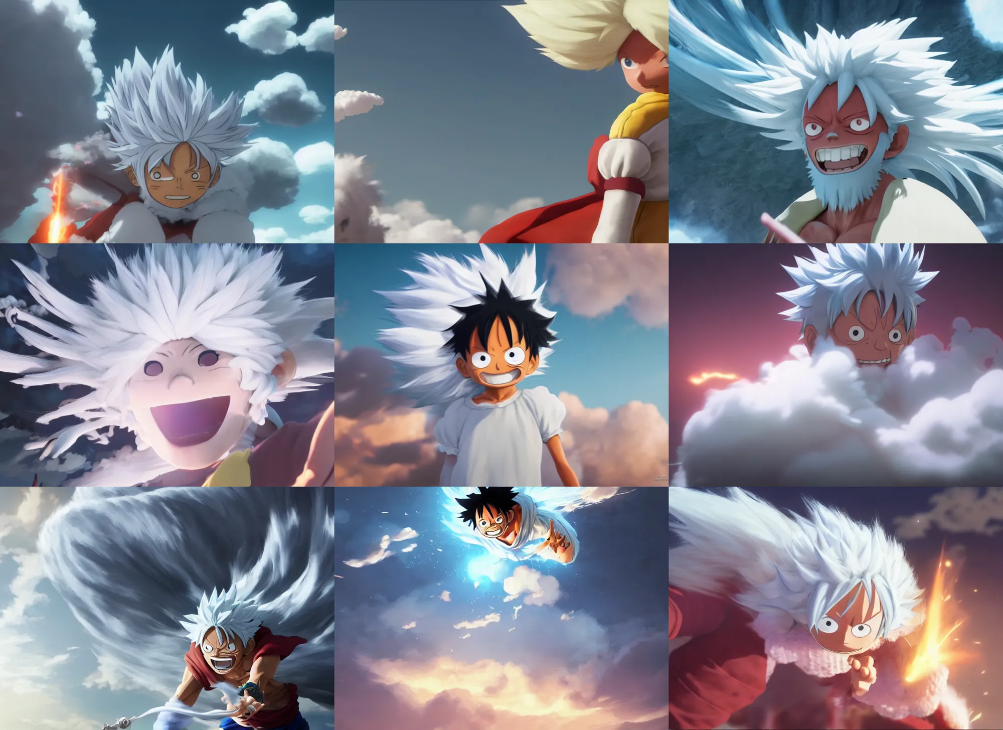 Prompt: Luffy turning into a cloud with a white hair, luffy with white hair, his new power GEAR 5, close up shot, studio Ghibli, Pixar and Disney animation, sharp, Rendered Unreal Engine 5, film key art, Greg Rutkowski, Bloom, dramatic lighting