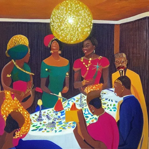 Image similar to dark skinned people eating at a regal buffet ultra detailed beautiful setting elegant event nigerian party minimalist gold ornaments iridescent lighting glamour traditional ceremony contemporary in the style of edward hooper and henri matisse yinka shonibare oil painting