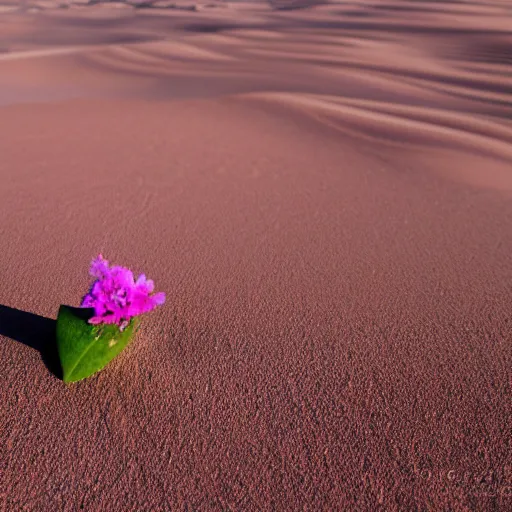 Prompt: a single small pretty desert flower blooms in the middle of a bleak arid empty desert next to a topaz crystal partly revealed, background sand dunes, clear sky, low angle, dramatic, cinematic, tranquil, alive, life.