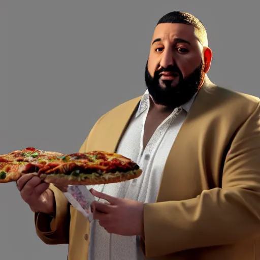 Prompt: a highly detailed realistic photographic render dj khaled with Cosmo Kramer hairstyle with holding slices of pizza, religious sculpture, cinematic lighting, cinematic scene, Volumetric lighting, Atmospheric scene, Dark, Horror, Atmospheric lighting, Global illumination, realistic, photo realism, hyper realistic, hyper realism, photo realisitc, cinematic render, film, beautifully lit, ray traced, octane 3D render, octane render, unreal engine