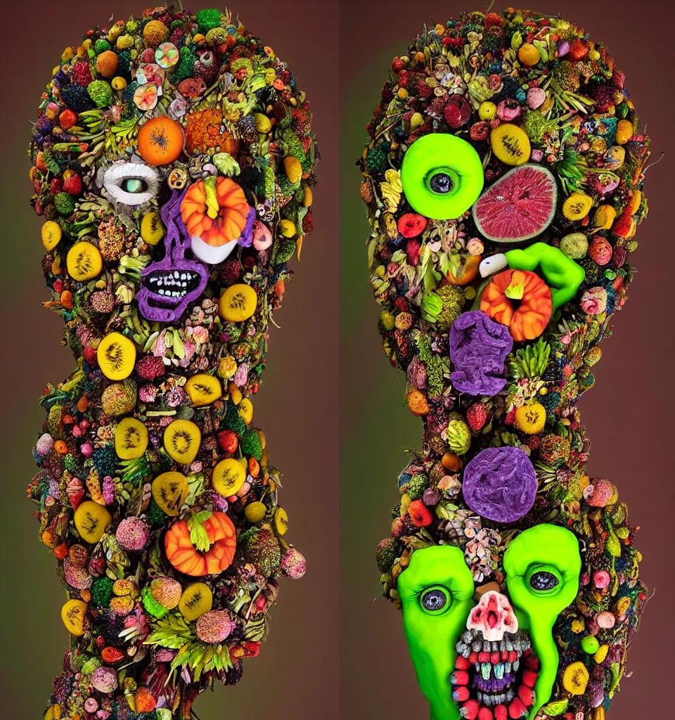 Prompt: portrait of a trickster nature spirit, undead, head made of fruit gems and flowers in the style of arcimboldo, philip taaffe, david altmejd, pop art, action figure, clay sculpture, claymation, green and neon lighting, rainbow stripe background