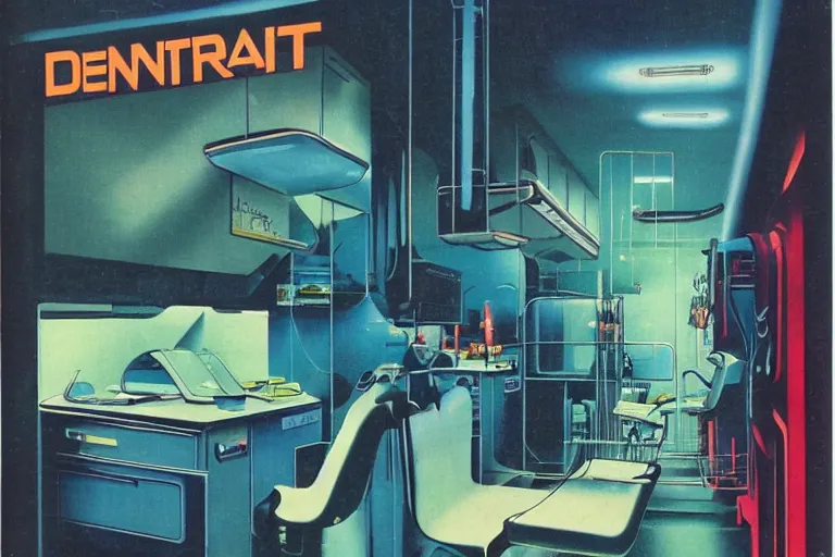 Prompt: 1979 OMNI Magazine Cover of a denture lab. in cyberpunk style by Vincent Di Fate