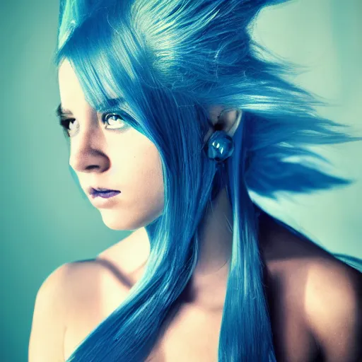 Prompt: portrait of young girl half dragon half human, dragon girl, dragon skin, dragon eyes, dragon crown, blue hair, long hair, highly detailed, cinematic lighting, chiaroscuro lighting, By David Lynch