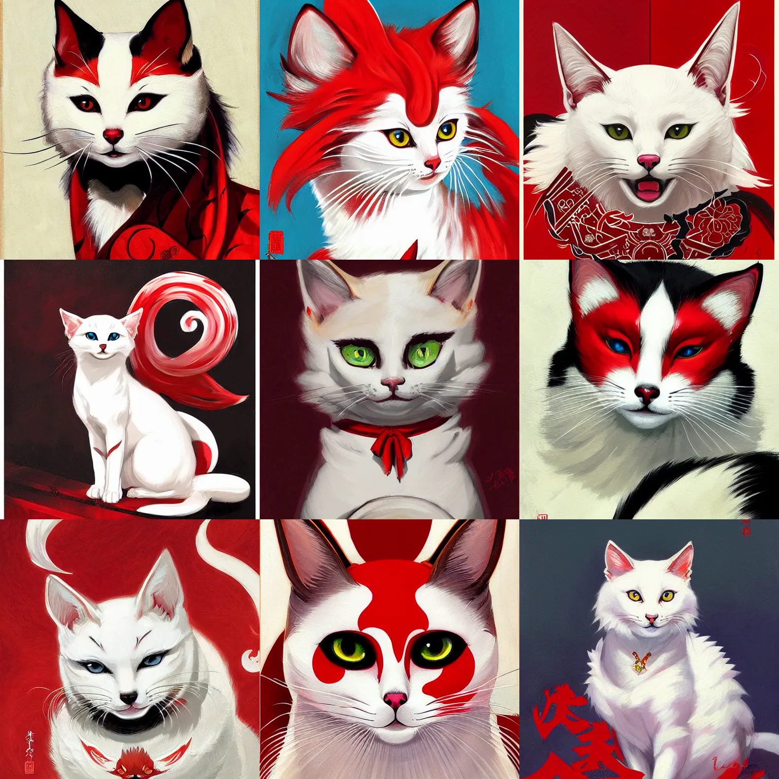 Prompt: painting of a cute white ( okami style ) ( kitsune ) cat with red patterns, plain white background, no people, art by jc leyendecker, phil hale, angular, brush strokes, painterly, crisp, portrait of a cat, cat portrait painting