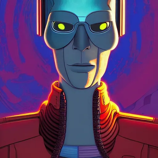 Prompt: 1 0 7 7 bender futurama cyberpunk portrait by gaston bussierre and charles vess and james jean and erik jones and rhads, inspired by ghost in the shell, beautiful fine face features, intricate high details, sharp, ultradetailed