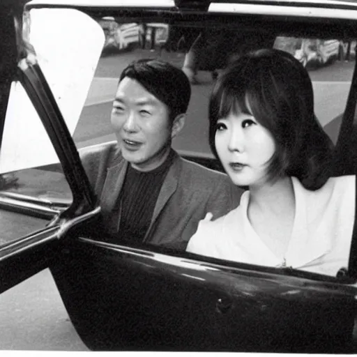 Image similar to 1960s press archive of the actress Choi Eun-Hee and director Shin Sang-ok coming out of a car, faces obscured, Reuters, 35mm film, film grain, mysterious exterior, underexposed