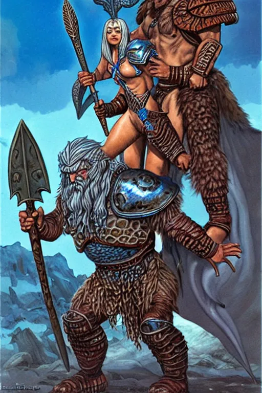 Image similar to a small blue-skinned triton girl wearing scale armor riding on a the shoulders of a large male goliath wearing fur and leather armor, dnd concept art, painting by Larry Elmore