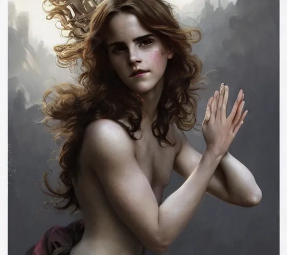 Image similar to photography of emma watson with hands - up and hairy armpits, deep focus, intricate, elegant, highly detailed, digital painting, artstation, concept art, matte, sharp focus, illustration, art by artgerm and greg rutkowski and alphonse mucha and gil elvgren