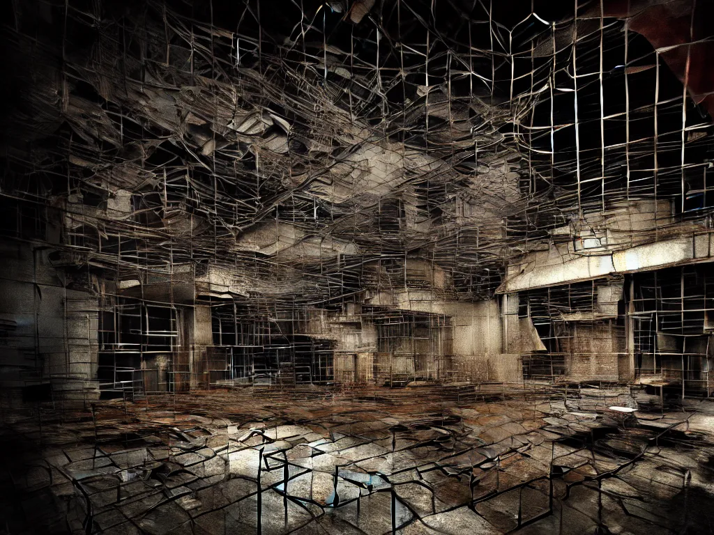 Prompt: An giant underground very gloomy multi-layered structure of rusty thick iron grids, dense chain-link fencing and peeling walls with multiple floors. Inside view, collapsed floors, bent rusted iron, masterpiece, macabre, black background, layers, corners, cinematic, hyperdetailed, photorealistic, hyperrealism, octane render, 8k, depth of field, bokeh, architecture, shadows, art by Zdzisław Beksiński, Arthur Rackham, Dariusz Zawadzki