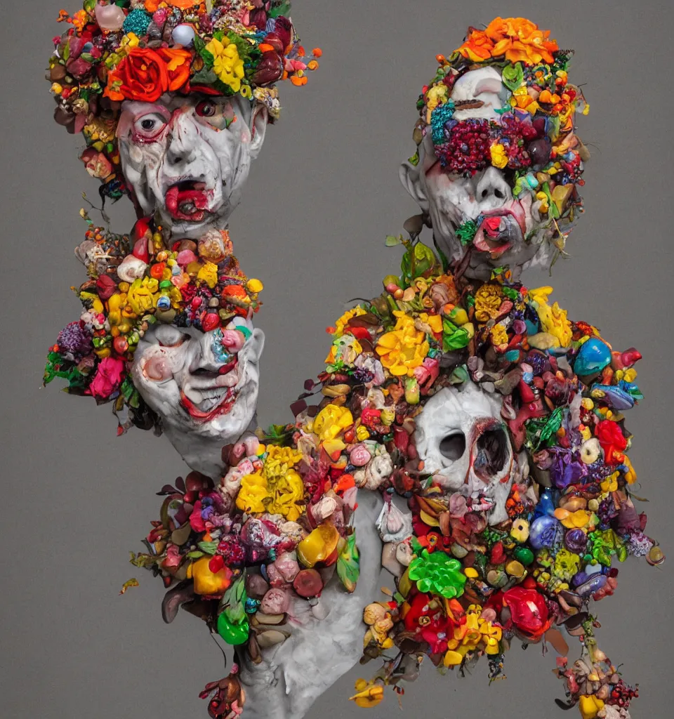 Image similar to portrait headshot of a zombie punk, head made of fruit gems and flowers in the style of arcimboldo, john currin, photorealistic, dynamic lighting, action figure, clay sculpture, claymation, dull blue cloudy background